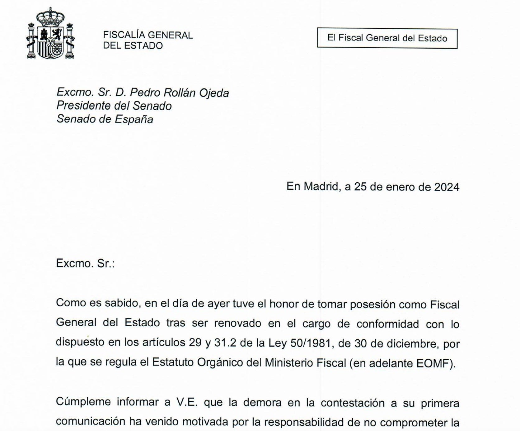 La capçalera de la carta del fiscal general de l'Estat remesa al Senat