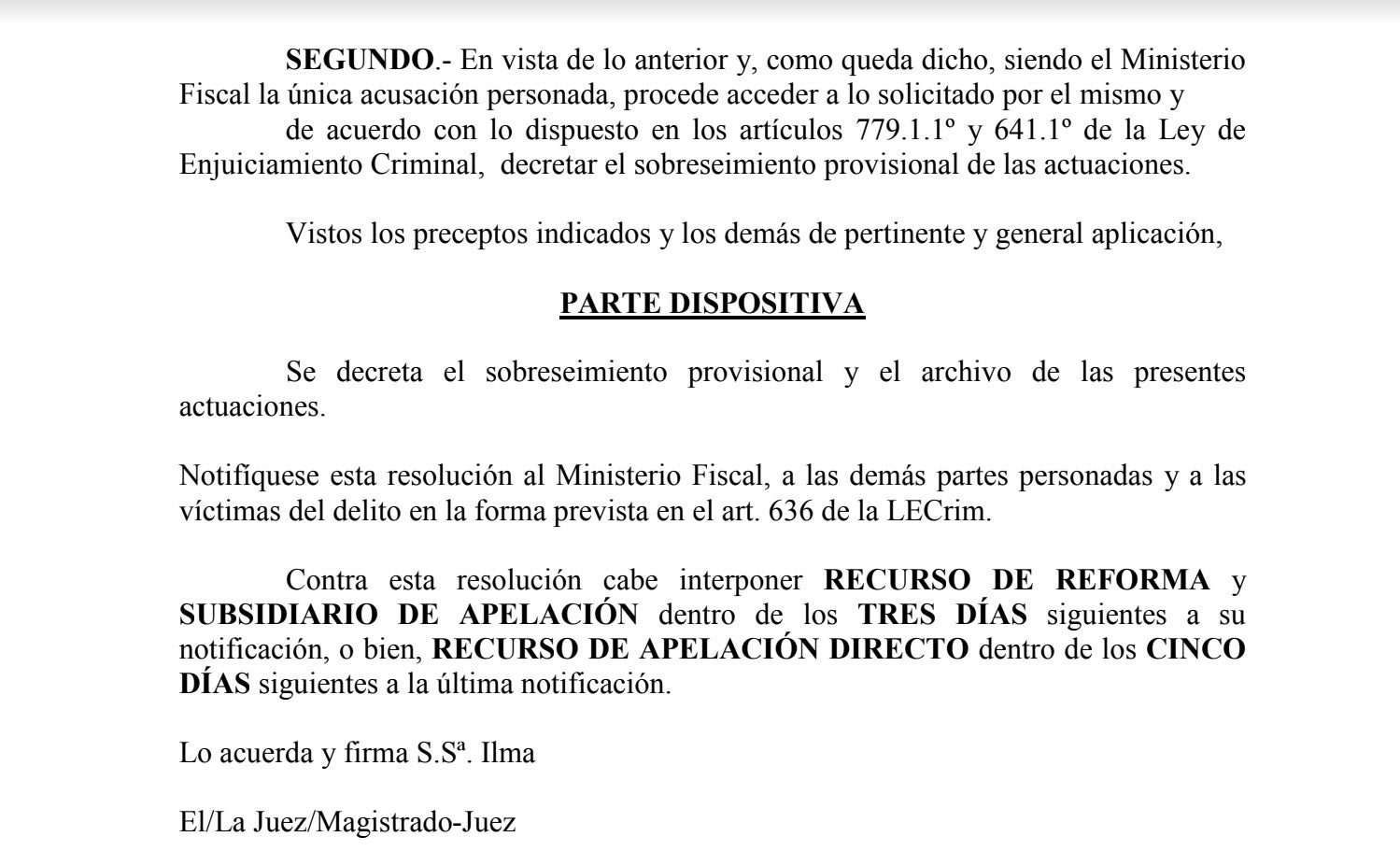 Part dispositiva de la interlocutòria que arxiva el cas de l'agressió sexual de Conde Pumpido/QS