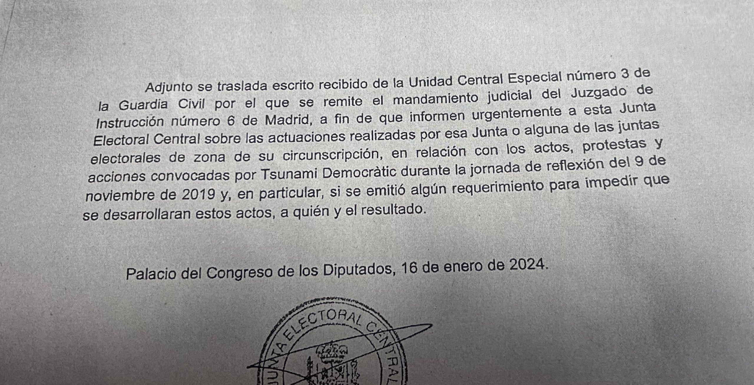 Parto de la comunicación de la Junta Electoral Central a las Juntas electorales de Zona reclamante informes sobre la jornada de reflexión por orden de la Audiencia Nacional/QS