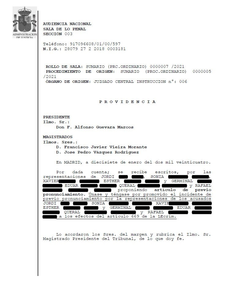 La interlocutòria de la sala penal que admet a tràmit l'incident de previ pronunciament/Alerta Solidària