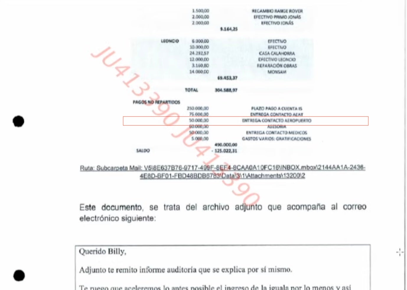 Un dels documents mostrats pel Fiscal on es veu reflectit el pagament de 50.000 euros a un