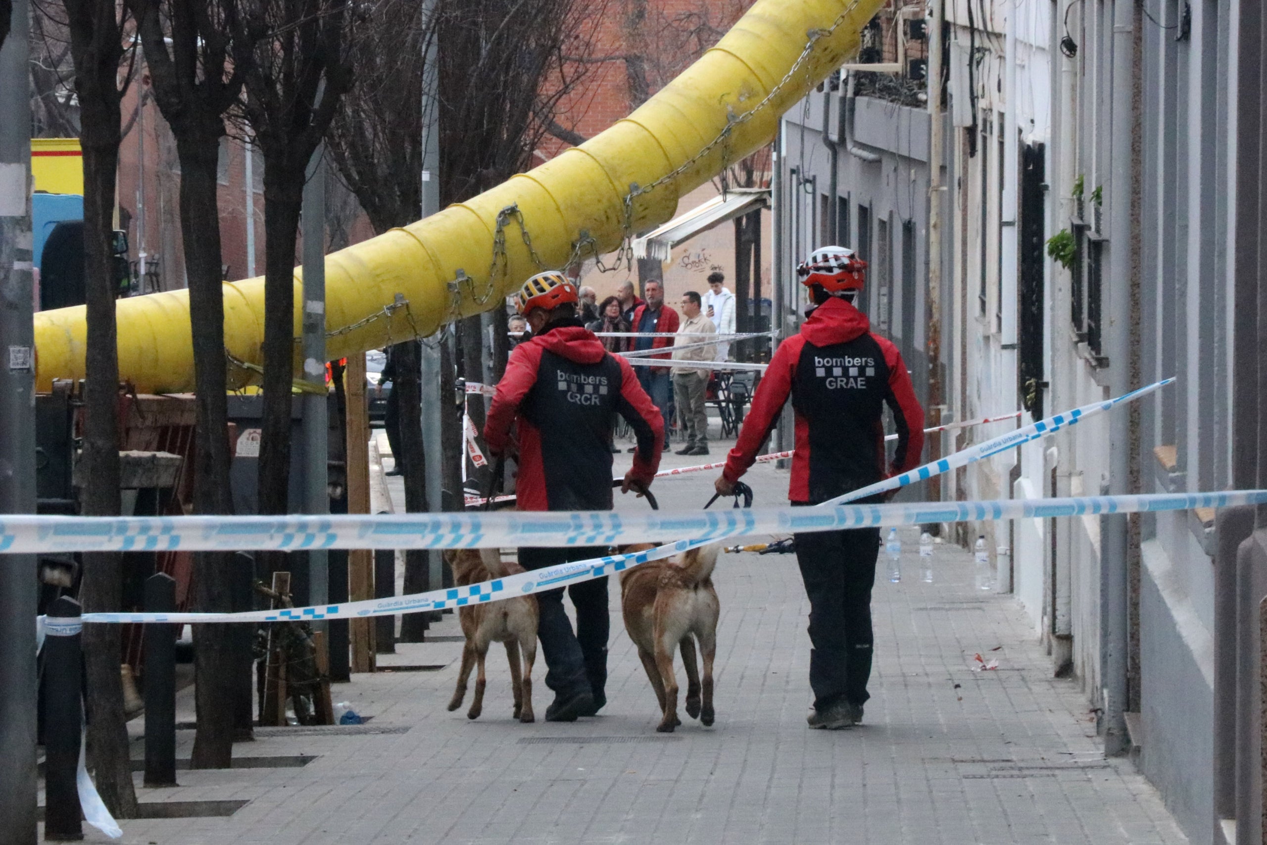 La unitat canina dels Bombers de la Generalitat accedeix a l'edifici esfondrat de Badalona | Gemma Sánchez Bonel (ACN)