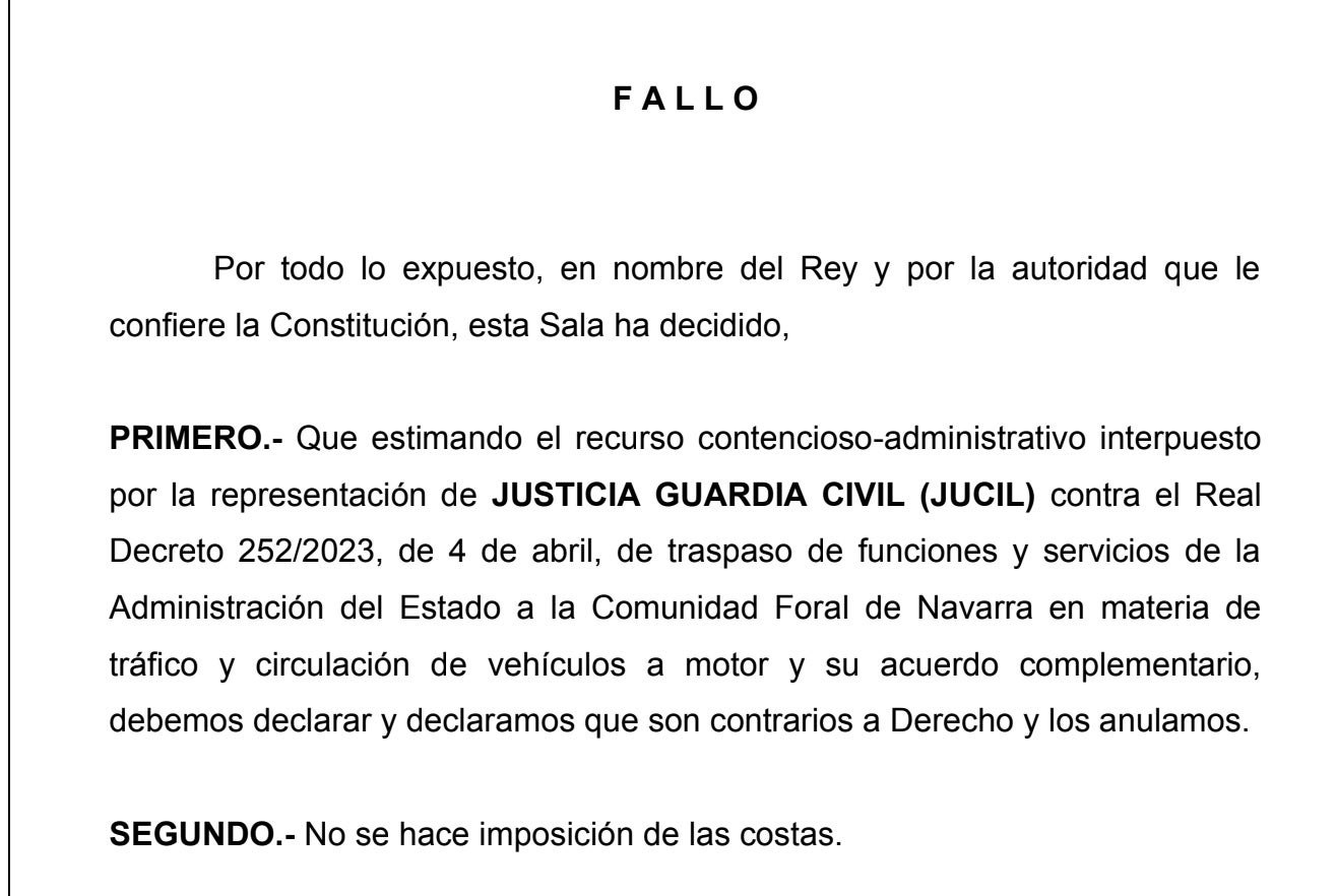 Part de la resolució del Tribunal Suprem on anul·la el traspàs de competències de la Guàrdia Civil a la policia foral de Navarra/QS
