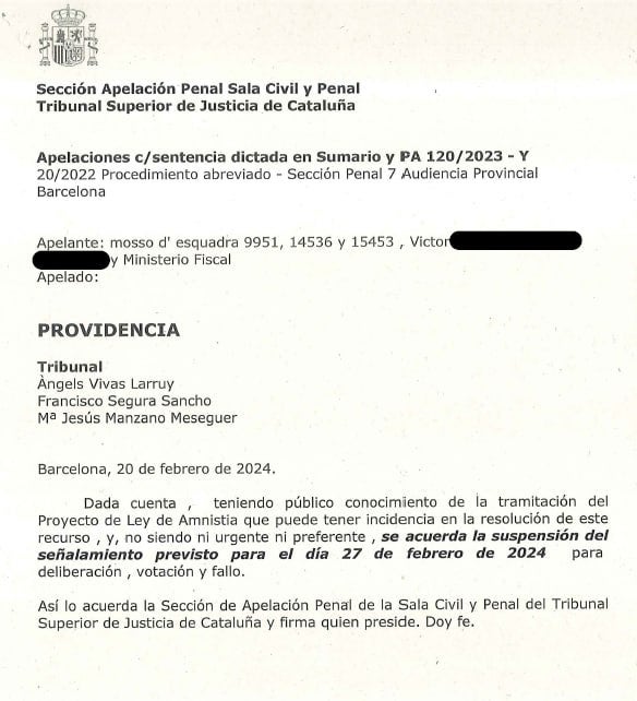 La diligència del TSJC  amb què notifica la suspensió de la deliberació per l'amnistia