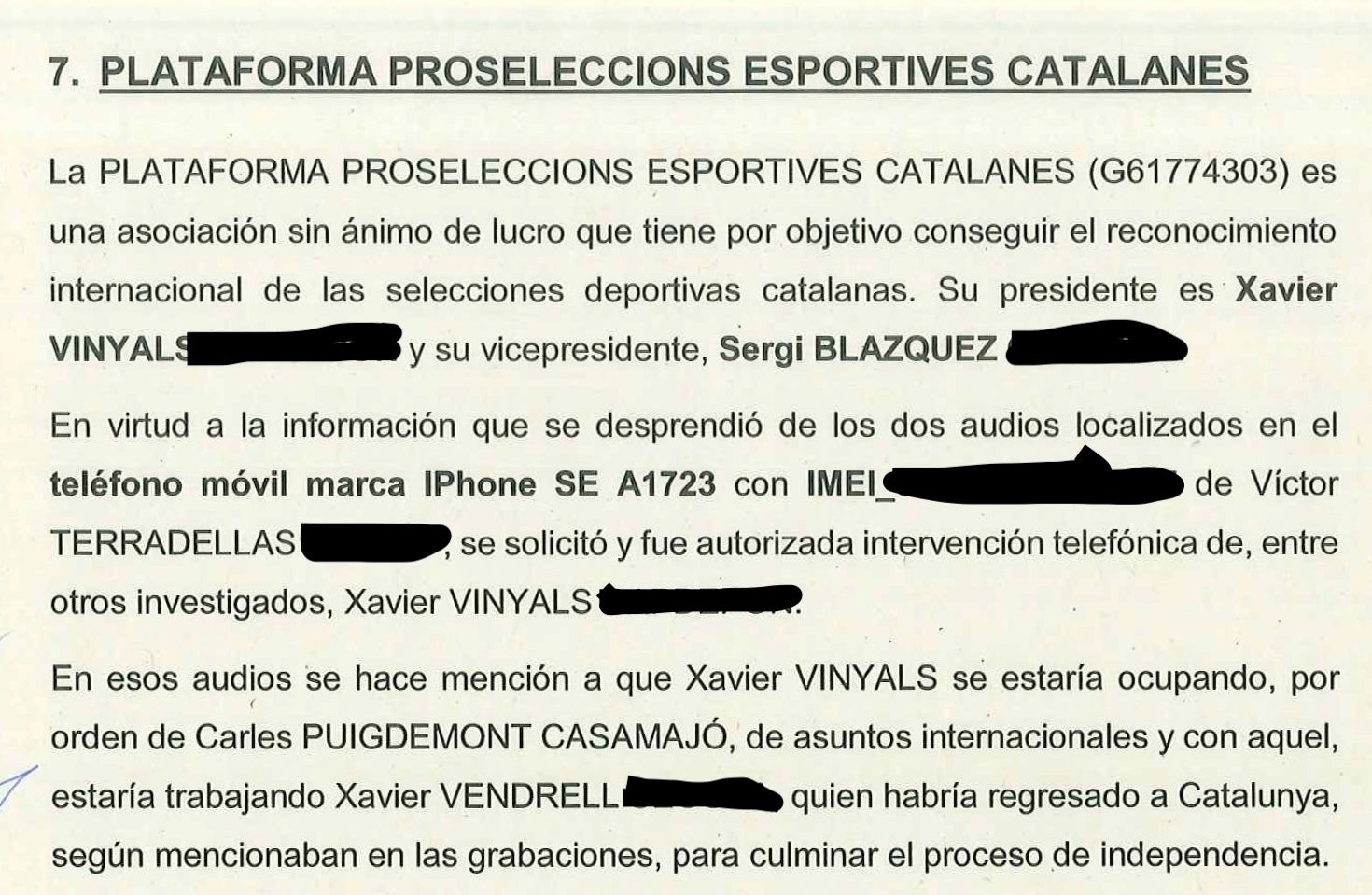 Capçalera de l'atestat sobre la Plataforma Proseleccions Catalanes sobre el suposat finançament que haurien fet a Waterloo/QS