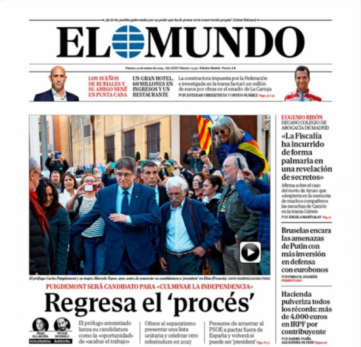 Portada d'aquest divendres del diari El Mundo obrint amb el retorn de Puigdemont