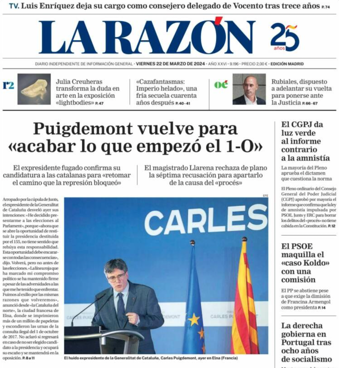 Llevada de este viernes del diario La Razón abriendo con el retorno de Puigdemont