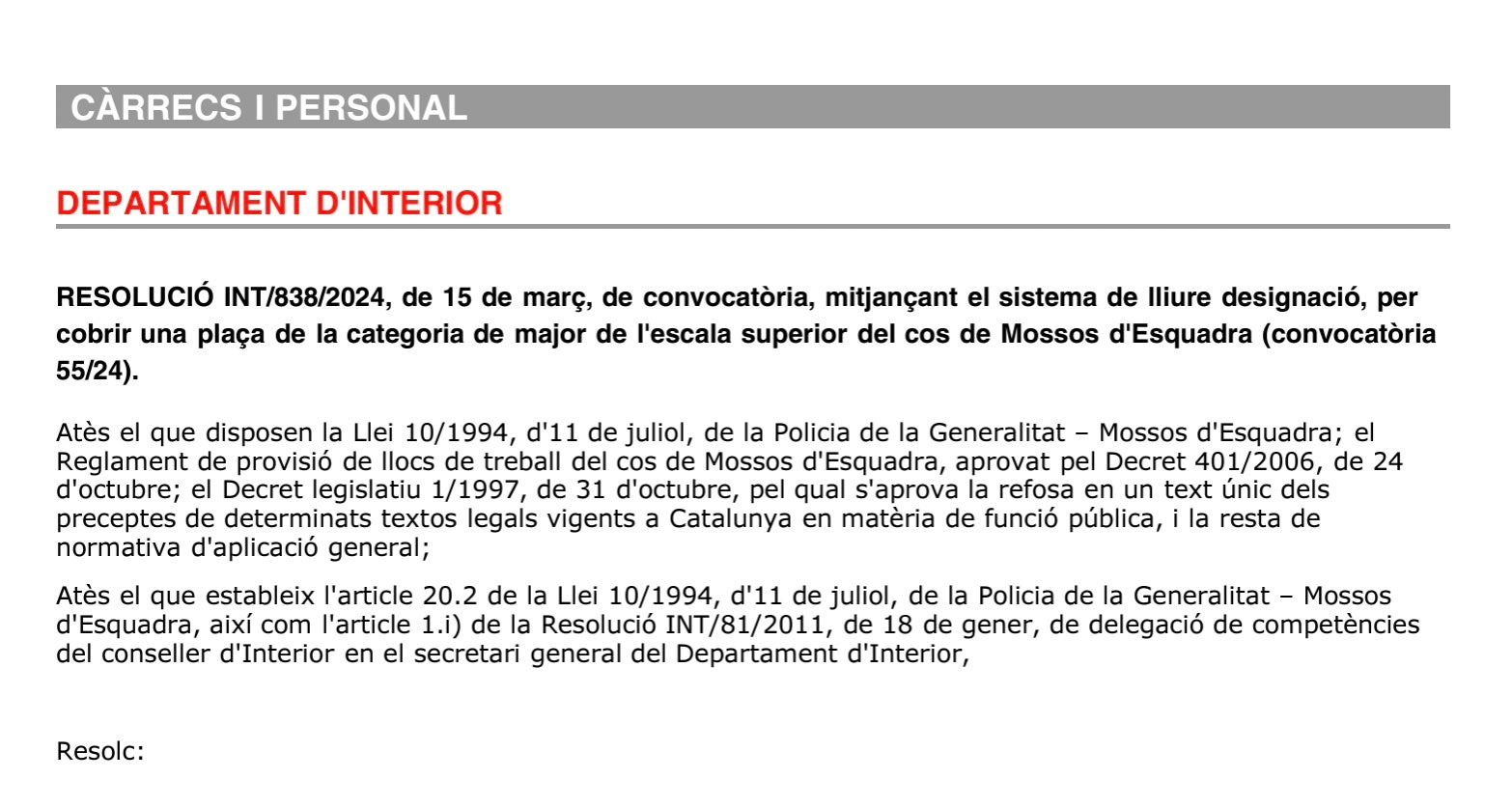 Resolución en el DOGC con la nueva plaza de Mayor
