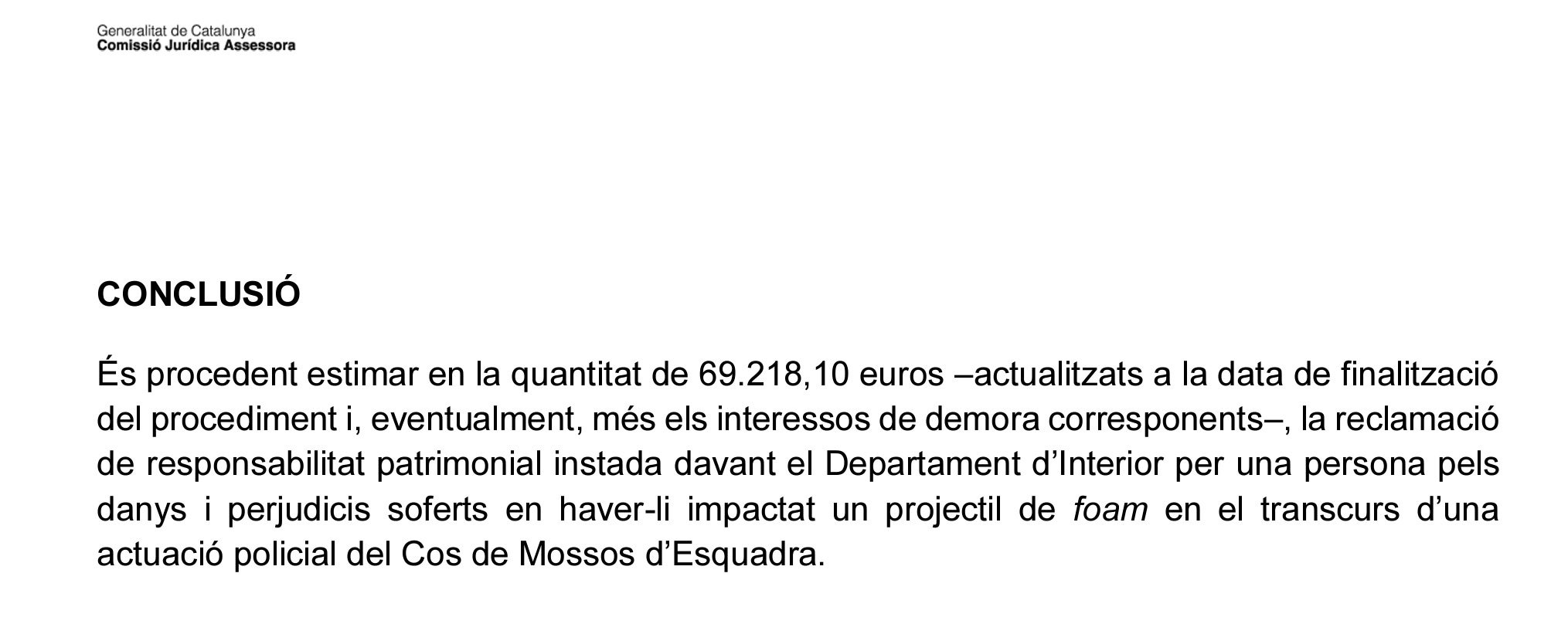 La conclusió de l'informe de la comissió jurídica assessora sobre el FOAM/QS