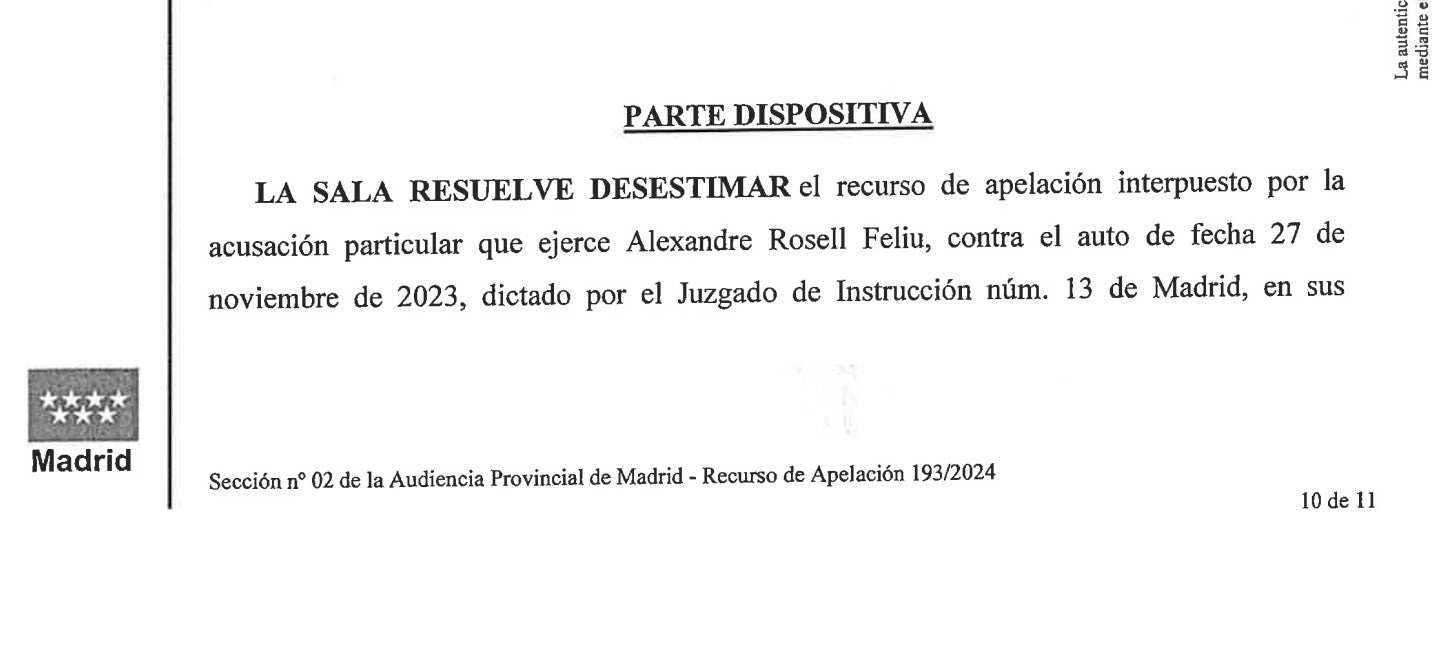 La parte dispositiva de la resolución que confirma el archivo de la querella de Sandro Rosell/QS