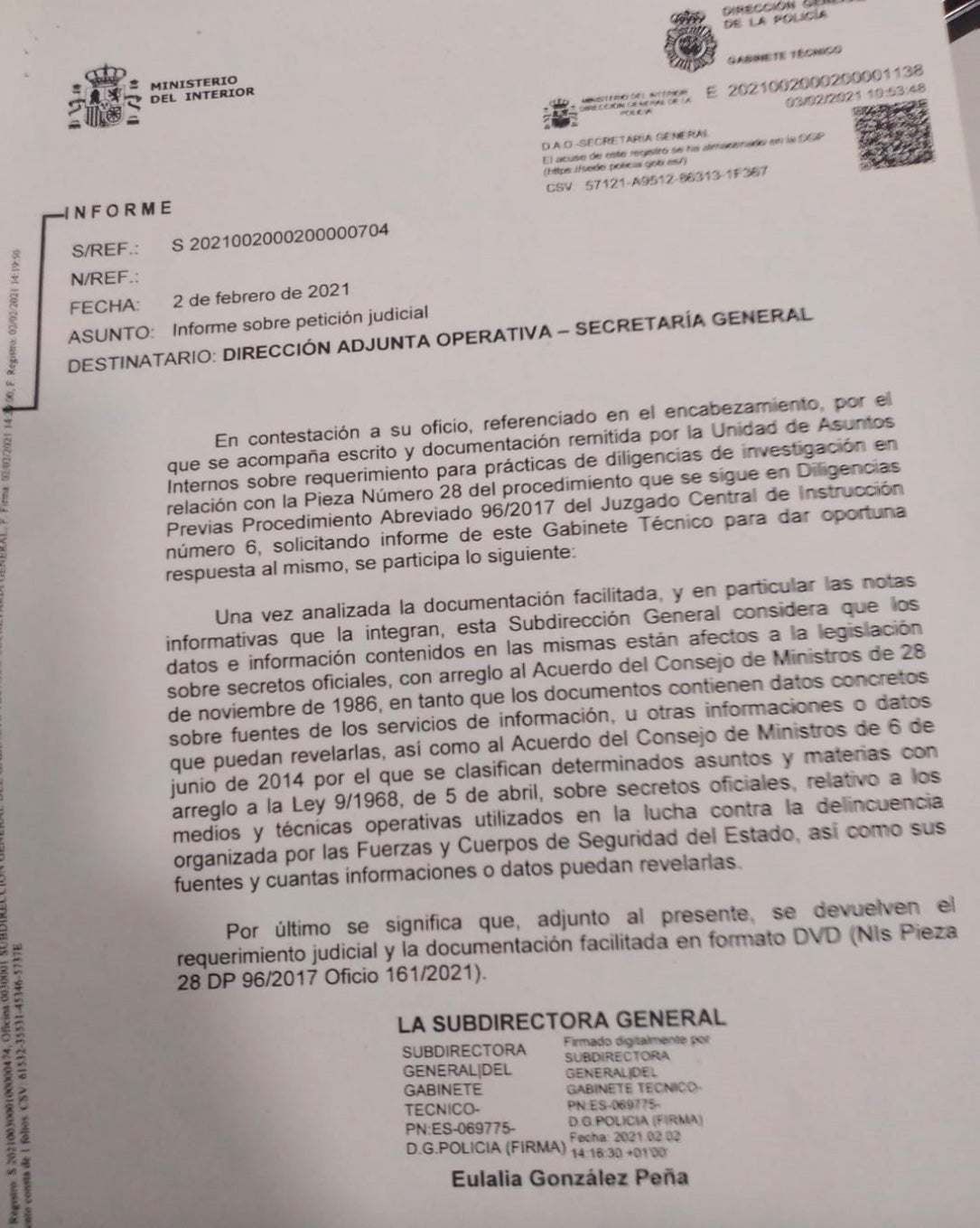 El document amb el què s'informa al jutge Garcia Castellón que la documentació sobre els Pujol Ferrusola està declarat secret/Quico Sallés