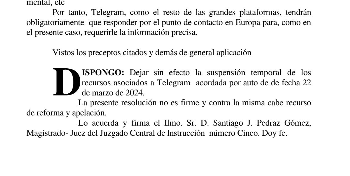 Part dispositiva de la interlocutòria amb què aixeca l'intent de suspensió de Telegram/QS