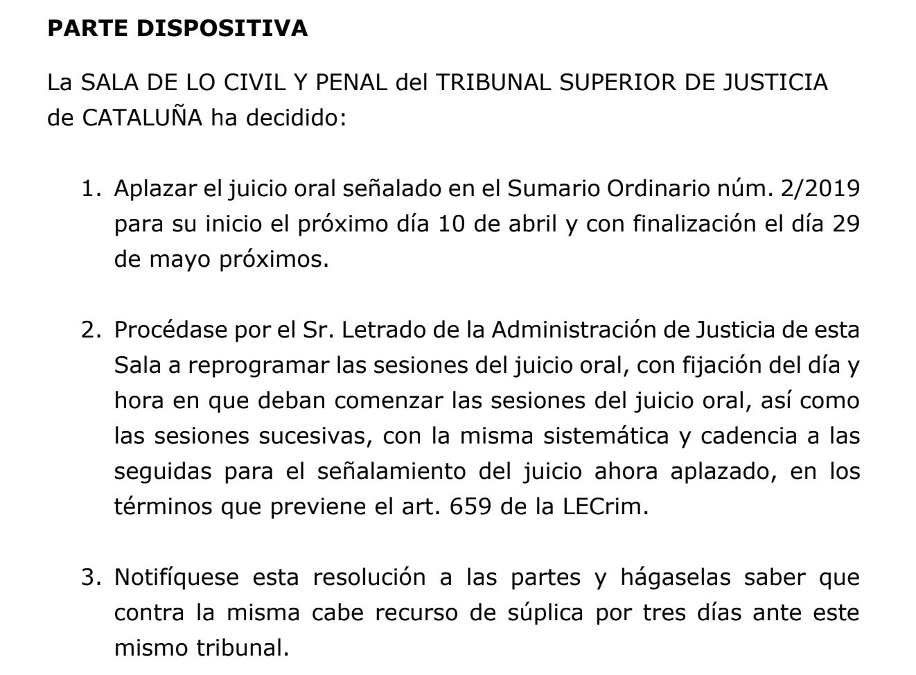 Part dispositiva de la interlocutòria d'ajornament/QS