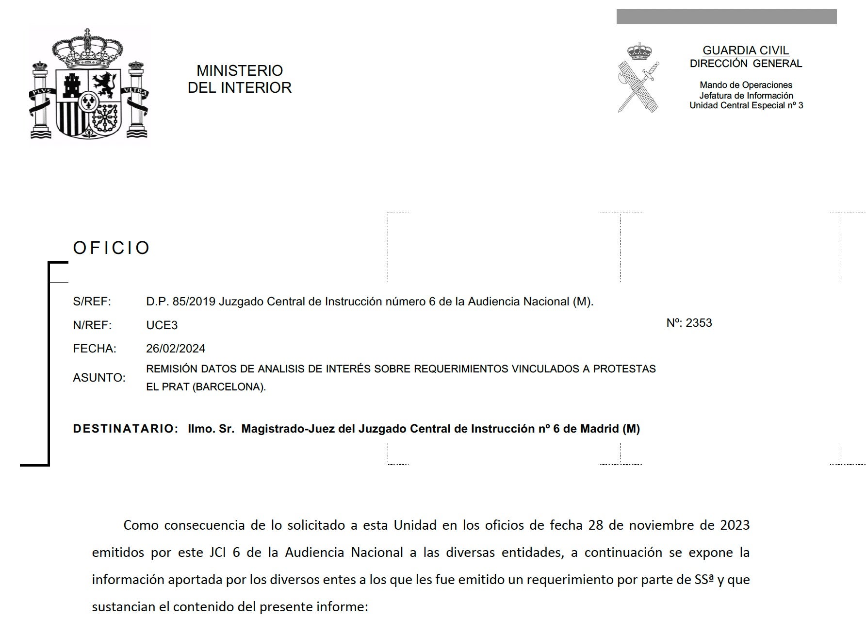 Capçalera de l'atestat de la Guàrdia Civil sobre com el SEM va justificar el trasllat del pacient mort a la T2 en helicòpter/QS