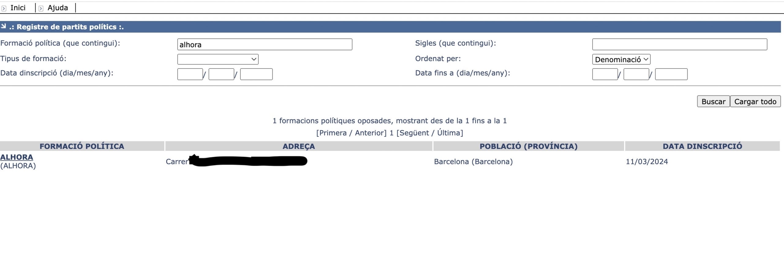 El registre del ministeri de l'Interior del partit Alhora