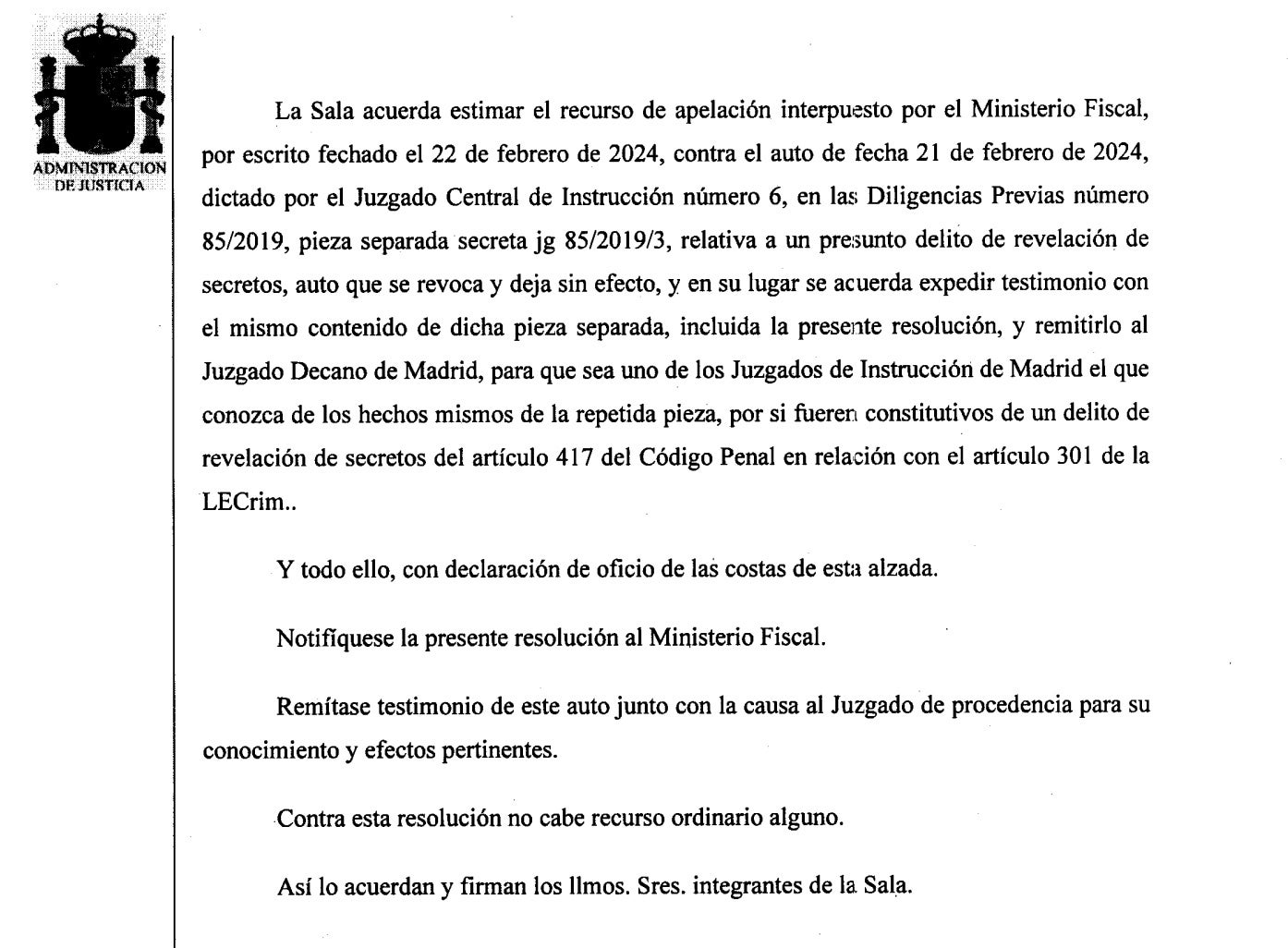 Resolución de la sala de lo penal respeto la pieza separada de la investigación por revelación de secretos de la negativa de Suiza a tramitar la causa del Tsunami Democrático/QS