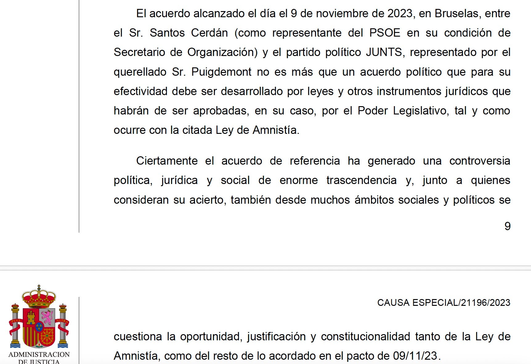 Parto de la interlocutoria sobre la querella de Vox donde los magistrados opinan sobre el pacto de la amnistía y de investidura/QS