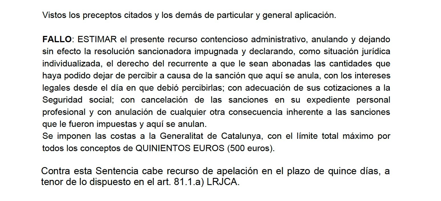 Part dispositiva de la sentència contra Afers Interns contra el sostinspector de Mossos que va disparar un sospitós a les rodes/QS