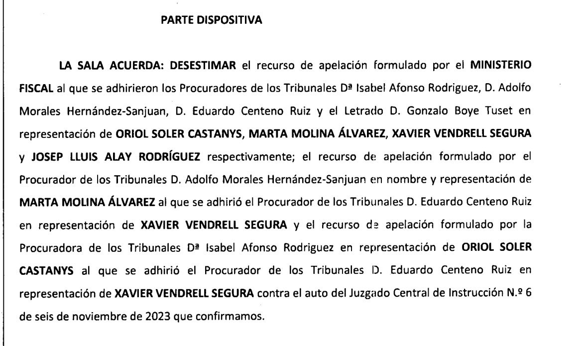 Part dispositiva de la interlocutòria de la sala penal de l'Audiència Nacional amb què avala la investigació per terrorisme de la causa del Tsunami Democràtic/QS