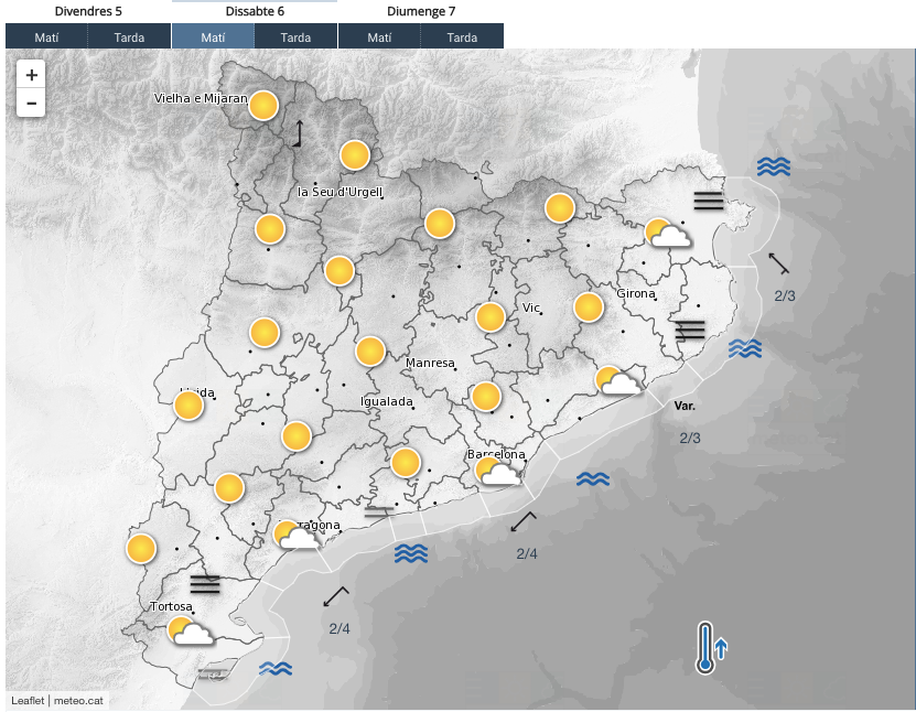 Imatge de la previsió del temps de cara al matí d'aquest dissabte / Meteocat