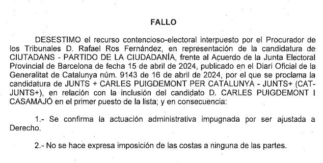 Desestimació del recurs de Ciutadans contra la candidatura de Puigdemont/QS