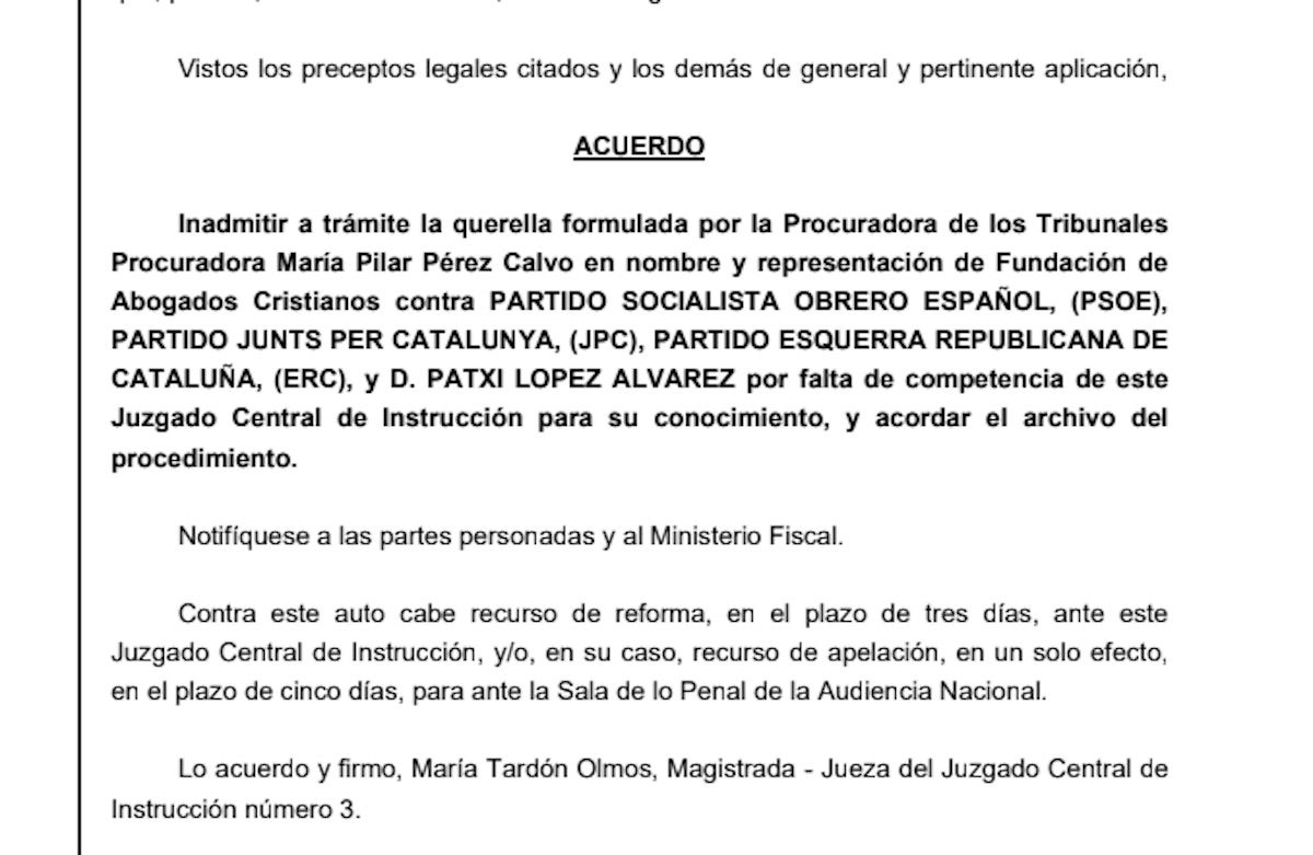 Part dispositiva de la interlocutòria per la que s'arxiva la querella/QS