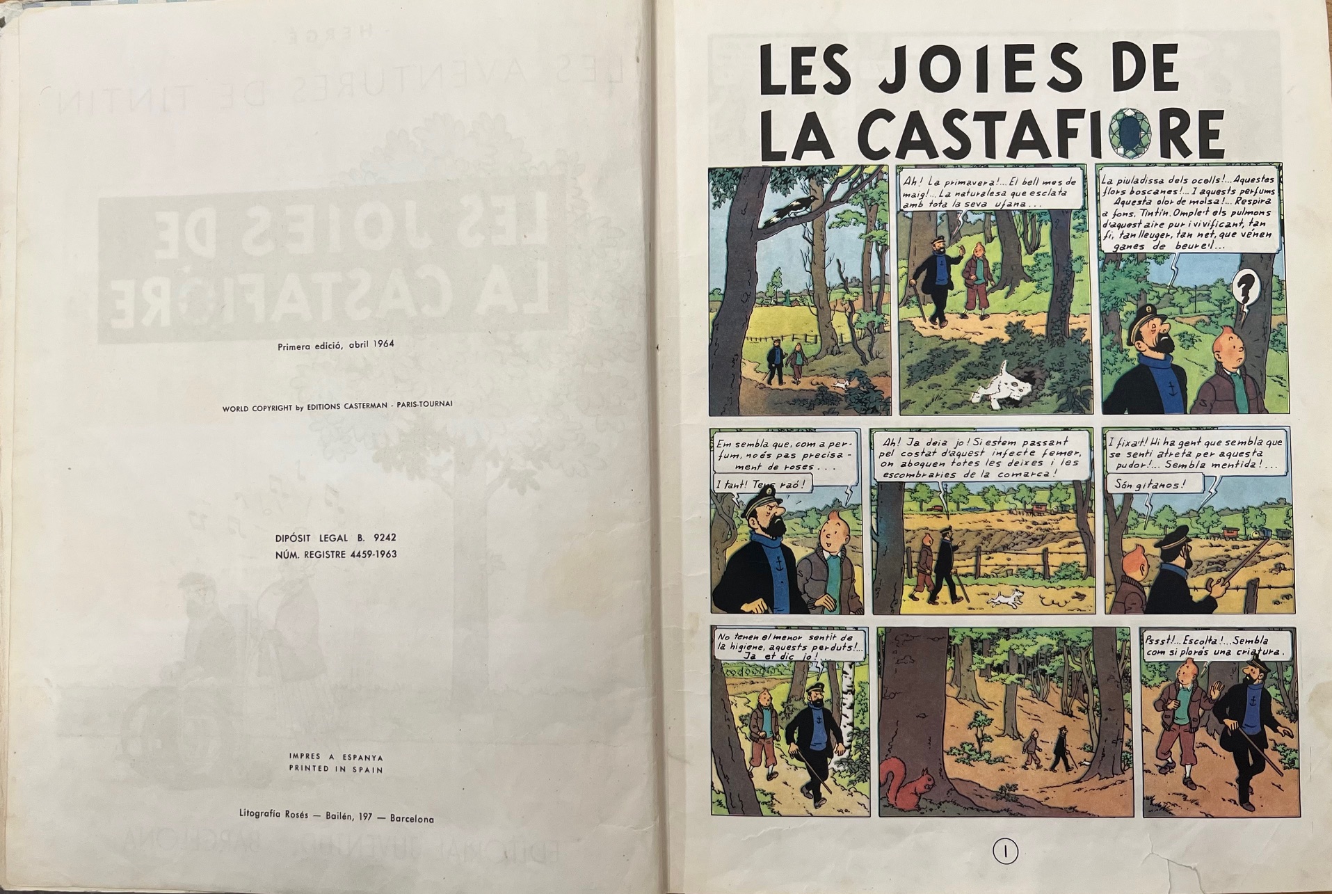 Primera edició de 'Les joies de la Castafiore' de 1964, el primer en català de Tintín, sense el llistat de llengües a la pàgina esquerra.