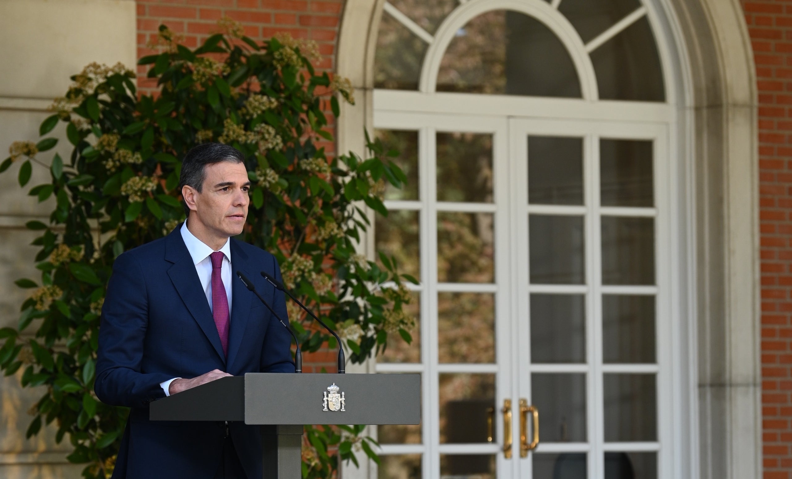 Pedro Sánchez, en la seva declaració d'aquest matí a la Moncloa/Pool EFE