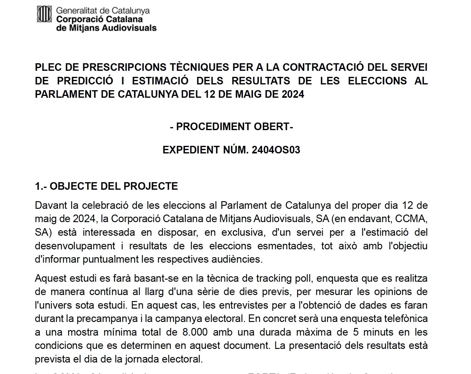 Plec de prescripcions tècniques de la contractació de l'enquesta de TV3/QS