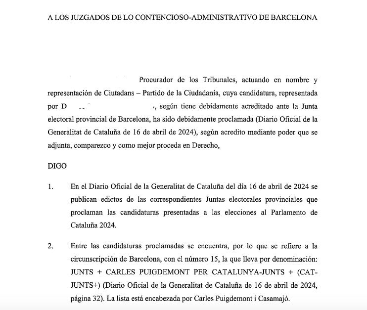 El recurso contencioso-administrativo presentado por Ciutadans contra la candidatura de Puigdemont/Quico Sallés