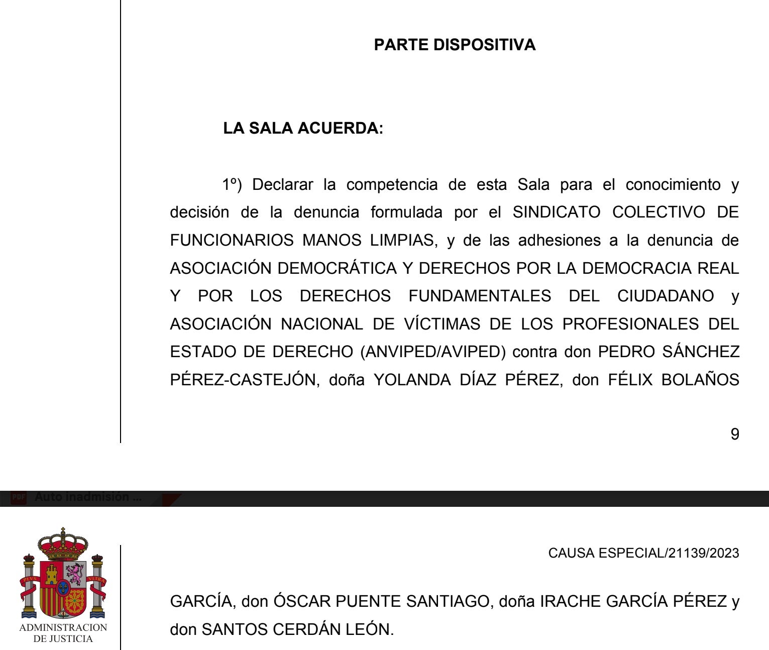Parte dispositiva de la resolución que inadmite la denuncia de Vox contra la ley de amnistía/QS