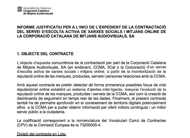 Part del document que justifica la contractació del servei d'escolta a la xarxa/QS