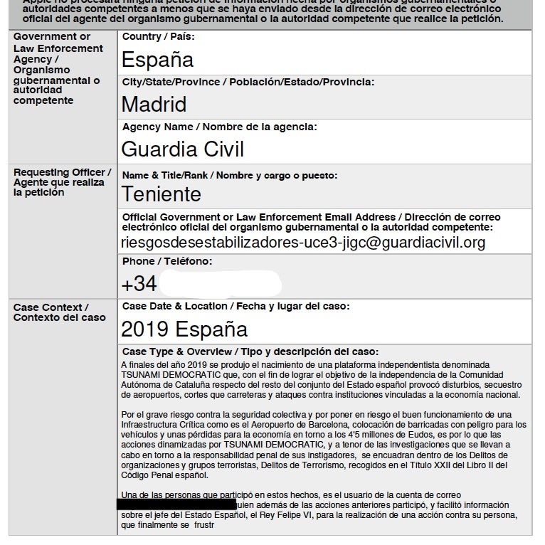 Part de la petició de la Guàrdia Civil a Apple sobre Xuxu rondinaire/QS