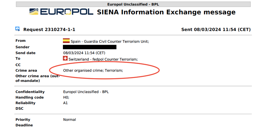 Part de la resposta d'Europol a la Guàrdia Civil sobre Xuxu Rondinarie/QS
