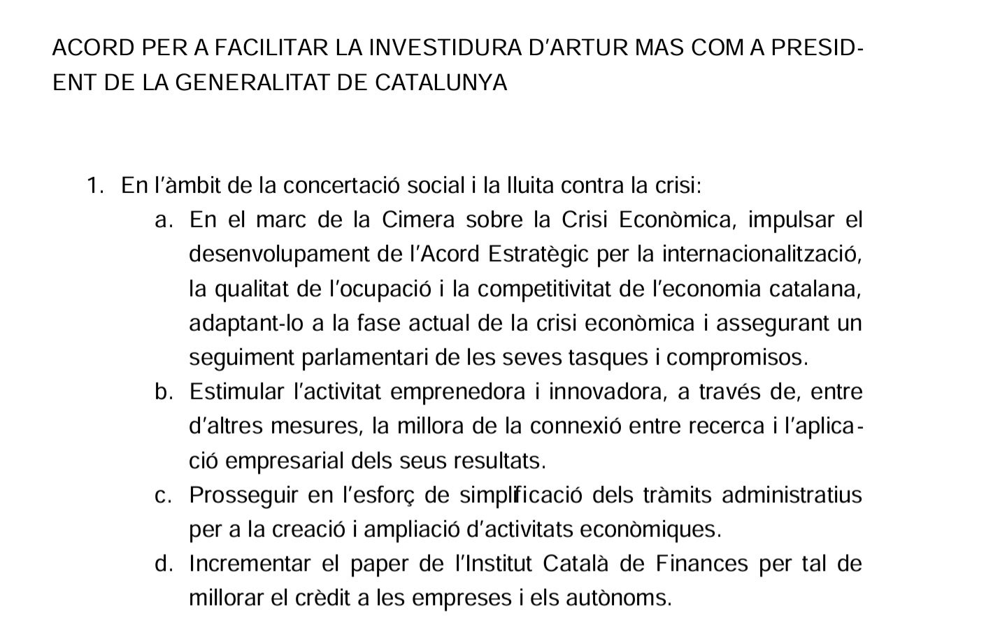 Text de l'acord signat entre CiU i PSC per investir Artur Mas