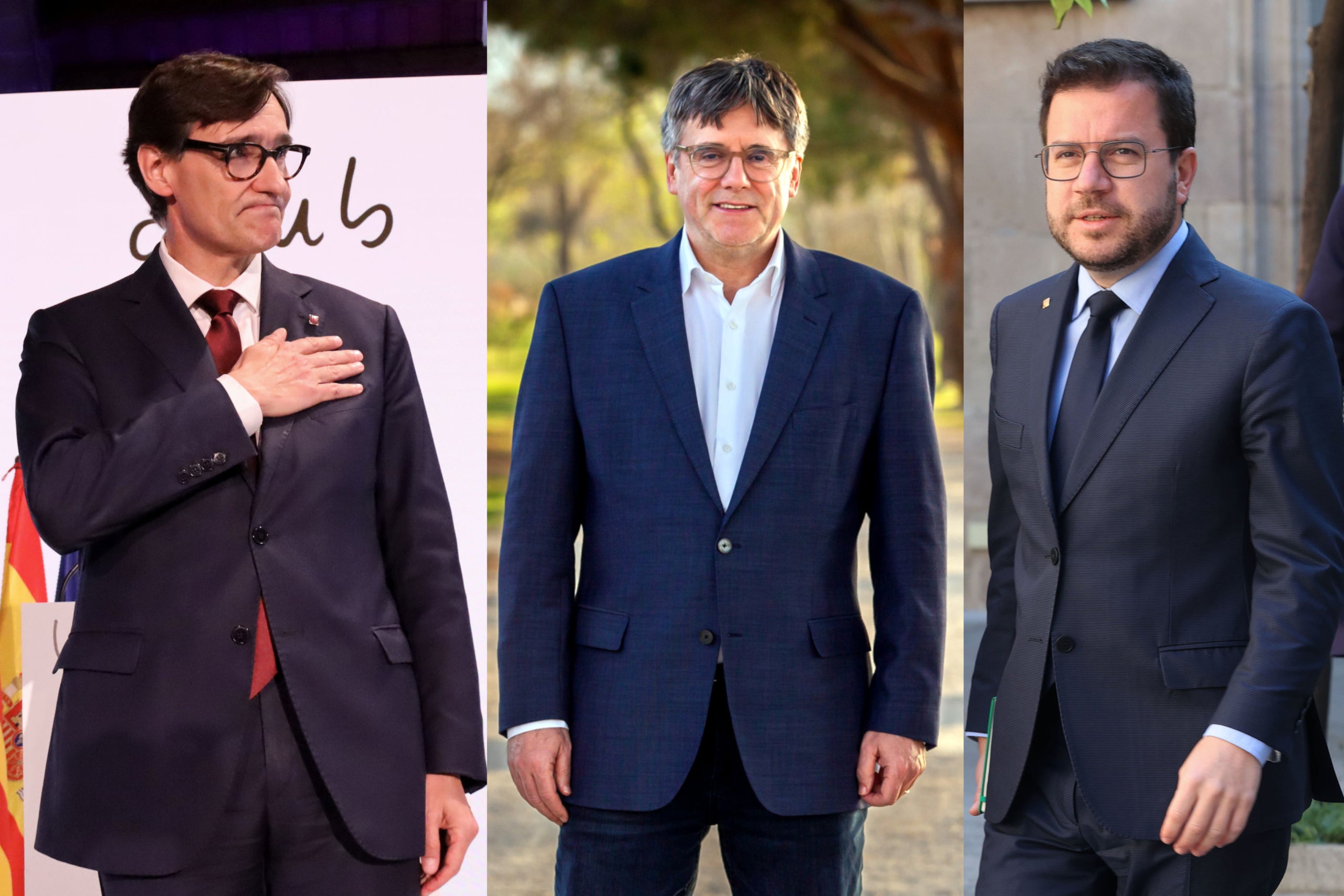 Salvador Illa, Carles Puigdemont i Pere Aragonès en un fotomuntatge / ACN