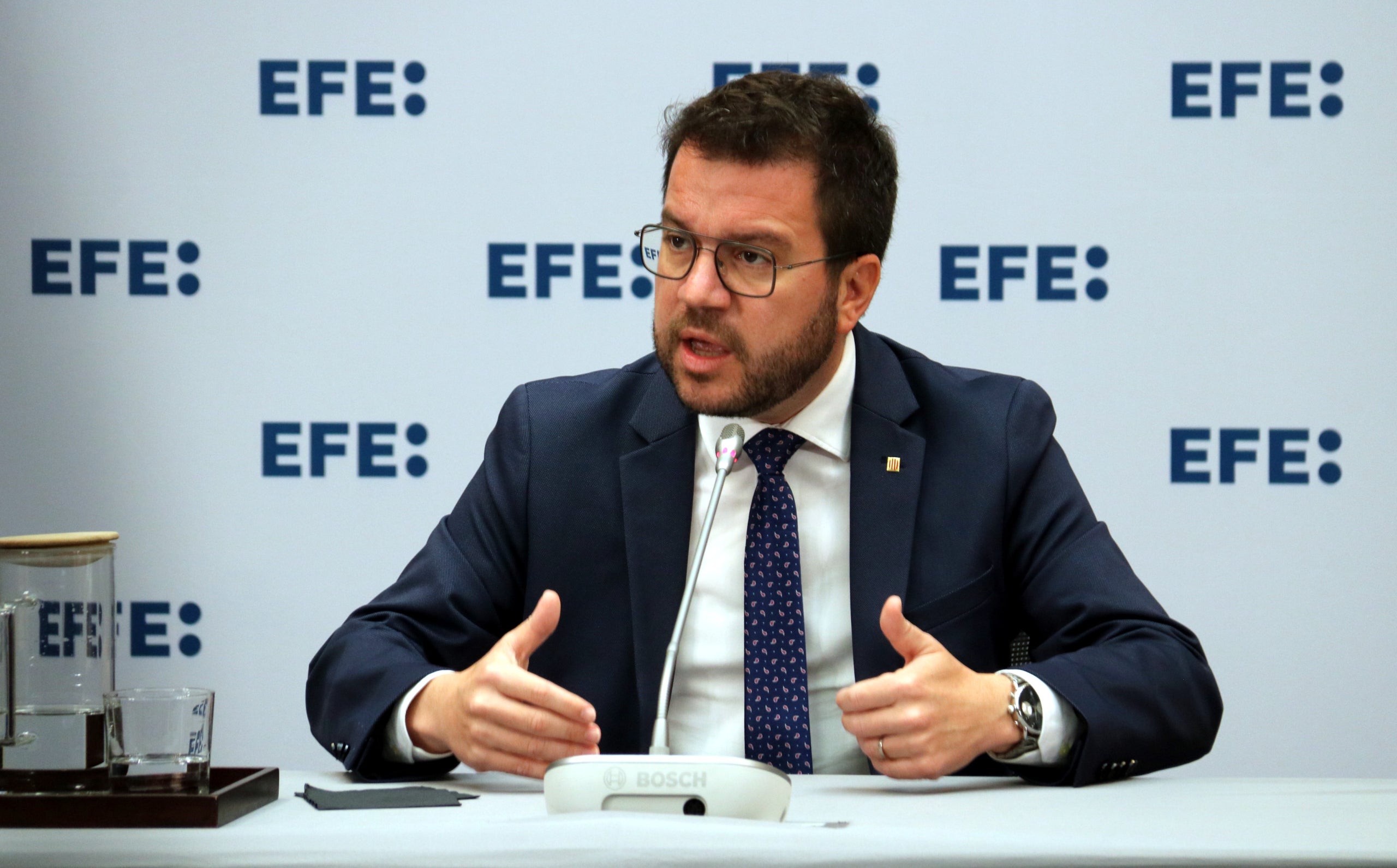 El candidat d'ERC, Pere Aragonès, en una roda de premsa a EFE