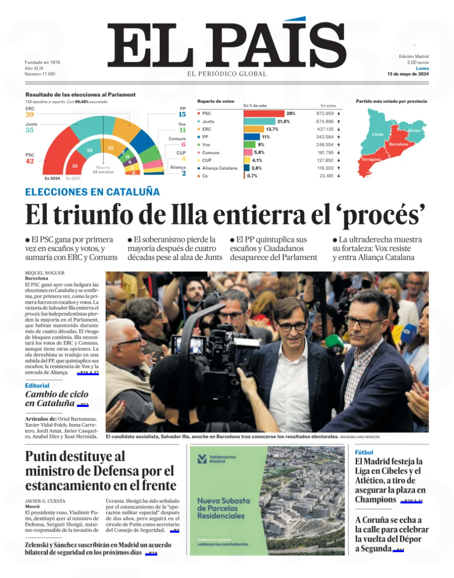 Portada d'aquest divendres del diari El País obrint amb els resultats del 12-M