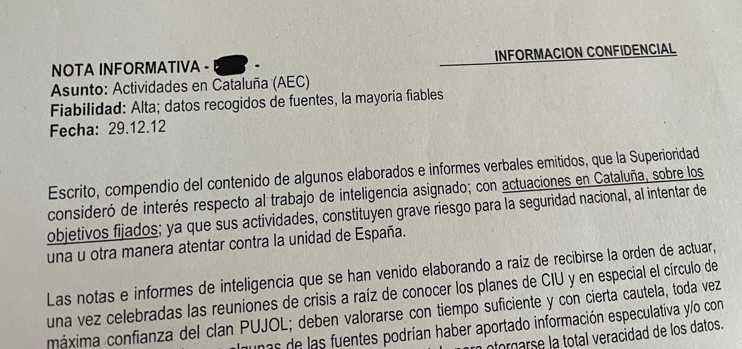Parto de la cabecera de la nota de inteligencia de la causa Tandem del 29 de diciembre de 2012 que pone negro sobre blanco el balance de la Operación Cataluña