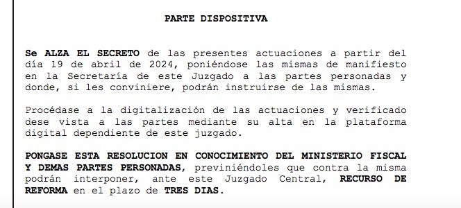 Parte dispositiva de la resolución de García Castellón que levanta el secreto de la pieza separada 34 de la Tándem/Quico Sallés