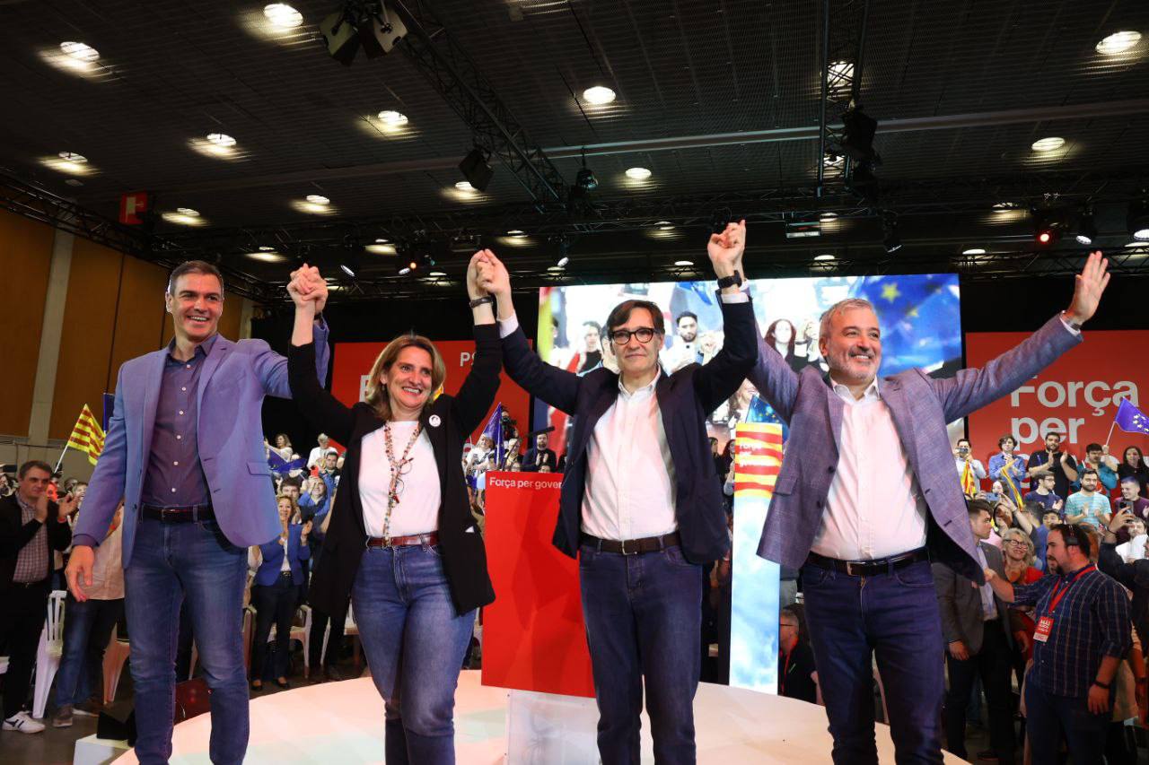 Pedro Sánchez, Teresa Ribera, Salvador Illa i Jaume Collboni, en l'acte del PSC d'aquest matí a Barcelona/PSC
