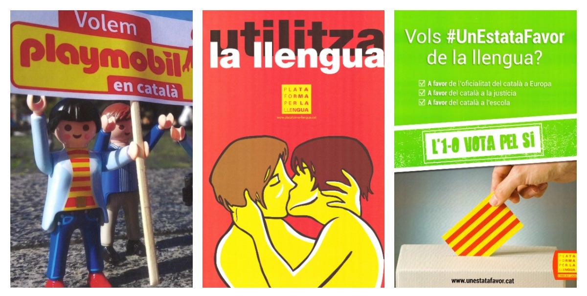 Cartells dels 30 anys d'història de la Plataforma per la Llengua 