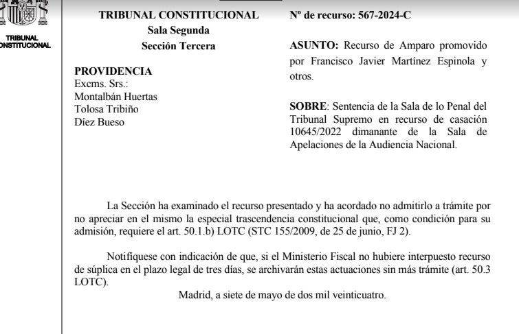 Diligencia del Tribunal Constitucional para inadmitir a trámite el recurso/QS