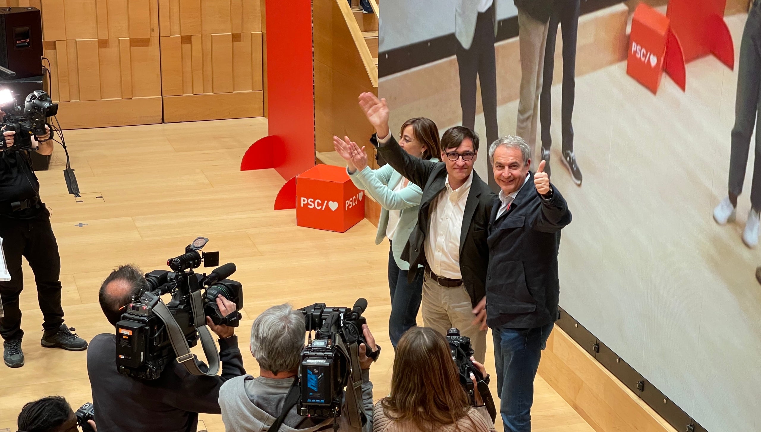 Sílvia Paneque, Salvador Illa i José Luis Rodríguez Zapatero, a Girona, aquest migdia/Quico Sallés