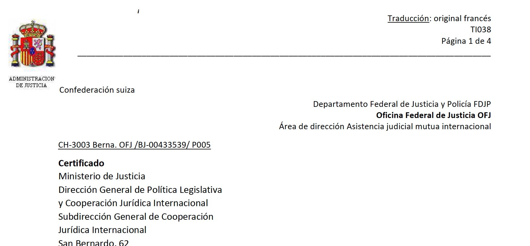 Capçalera de la resposta de Suïssa a García Castellón amb què desmunta l'acusació de terrorisme a Tsunami Democràtic
