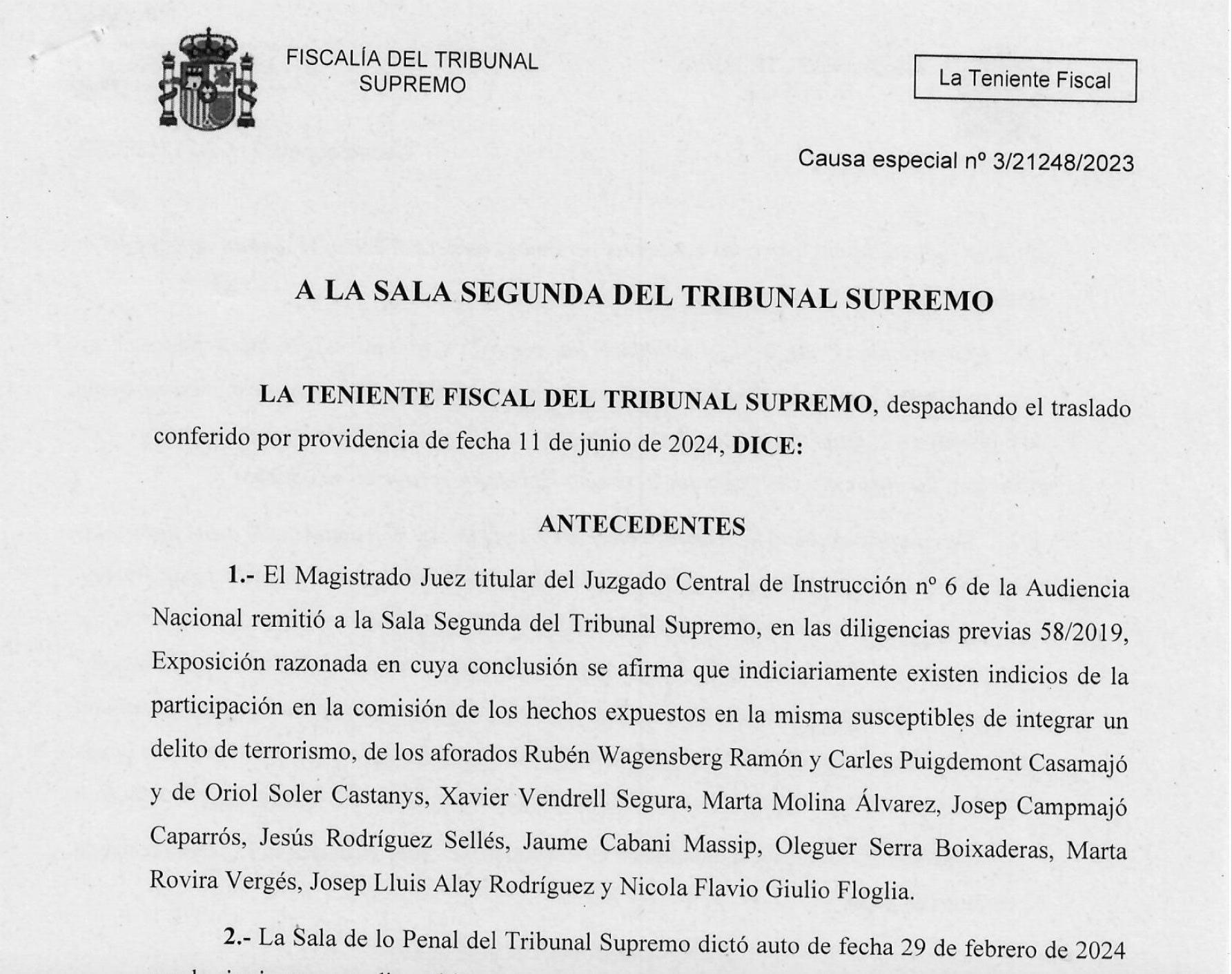 Cabecera de uno de los tres escritos presentados por la teniente fiscal del Supremo con que reclama la amnistía por los procesados en el Tsunami Democrático y en la causa del Proceso/Quico Sallés