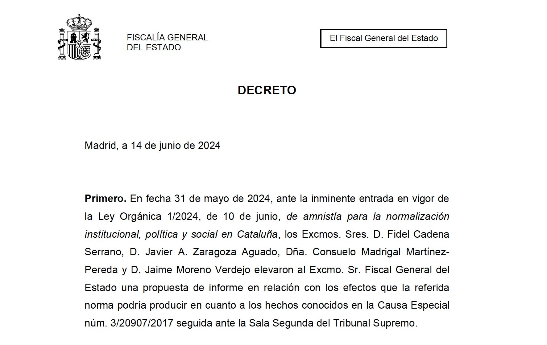 Parto inicial del decreto del Fiscal General del Estado sobre la aplicación de la amnistía/QS