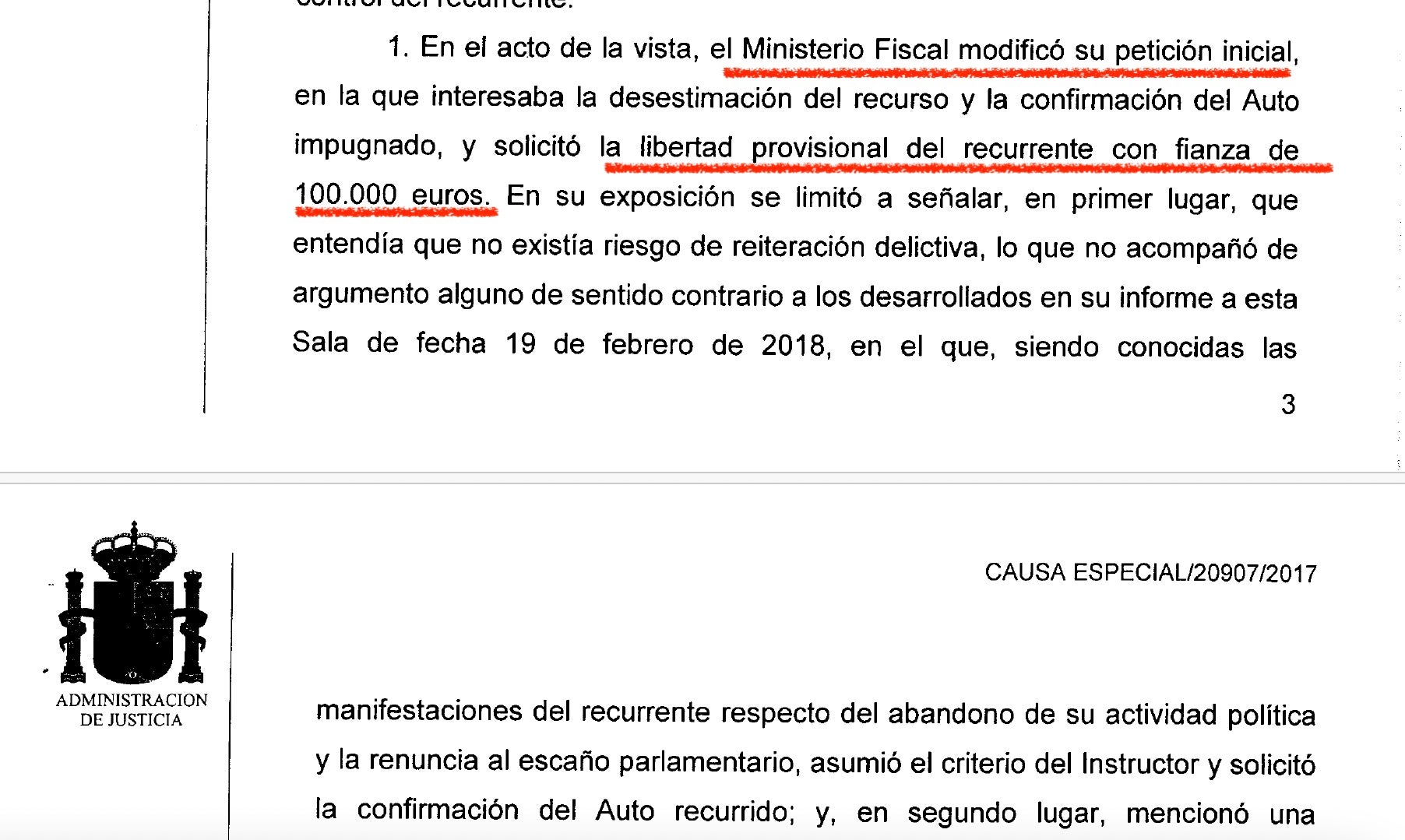 Part de la interlocutòria on s'explica com fiscalia va demanar la llibertat de Forn per impertiu legal