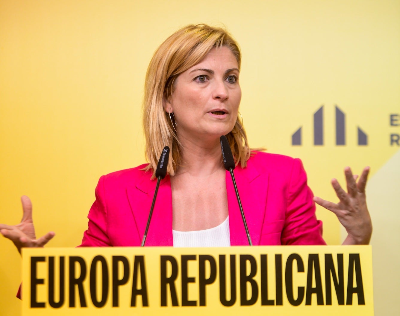 Raquel Sans, en la roda de premsa d'aquest migdia a la seu d'ERC/Marc Puig