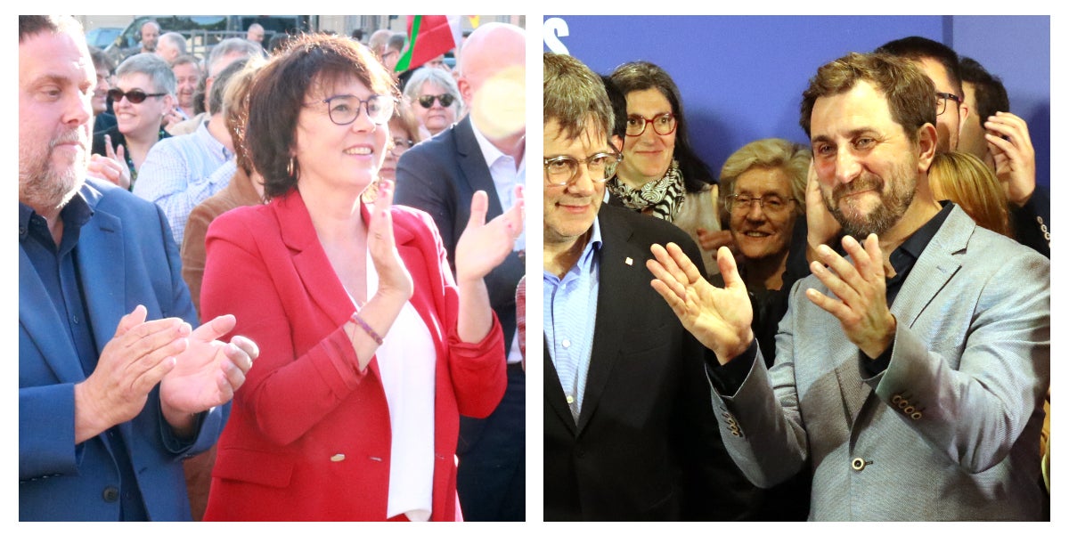 Diana Riba, la cap de llista d'ERC, i Toni Comín, cap de llista de Junts, exiliat, en actes d'aquesta campanya de les eleccions europees del 9 de juny / ACN